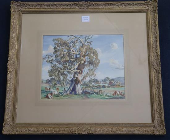 Sir Hans Heysen (1876-1968) Landscape with cattle beneath a gum tree 12.5 x 15.75in.